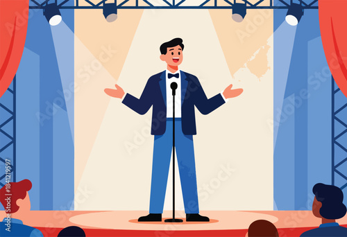 A presenter in a suit stands center stage, mic in hand, under spotlights. Audience members are visible below