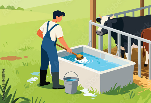An illustration shows a farmer cleaning a water trough with a brush next to cows in a pasture