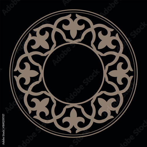 Gold round Kazakh national ornament, persian motiff. Oriental vector pattern with arabesques and floral elements. Abstract Patterns of Turkic peoples, Kazakh, Kyrgyz, Mongol. Gold Medallion, plate