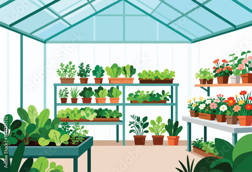 An illustration depicting an indoor garden scene, filled with various potted plants and flowers, arranged in a greenhouse