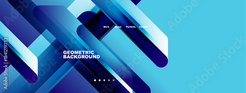 Abstract geometric background. Blue gradients, overlapping shapes create modern design. Navigation menu visible, simple text elements present.