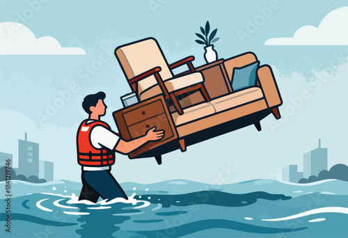 A person in a life vest carries furniture through floodwaters, with a city silhouette in background