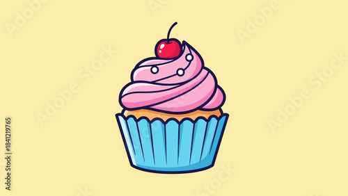 Delicious Cupcake with Pink Frosting and Cherry Topping Illustration.