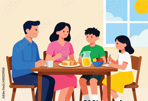 Illustration of a family of four at a table, enjoying breakfast with food, and looking toward the window