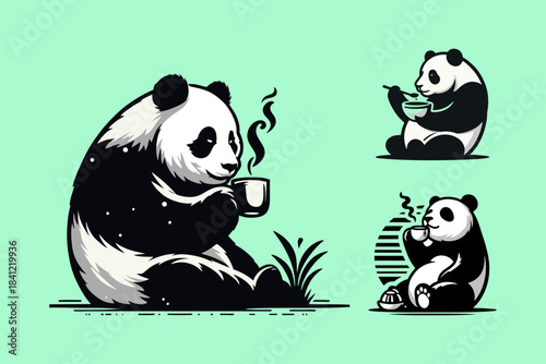 This is a vector image of a panda logo mascot drinking tea in the morning, suitable for use in book company logo designs, printing, stickers, t-shirts, jackets, blankets, children's toys, coverbads,