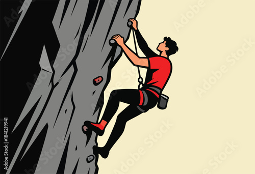 Illustration of a person climbing a rock face, utilizing ropes and gear, with a red shirt