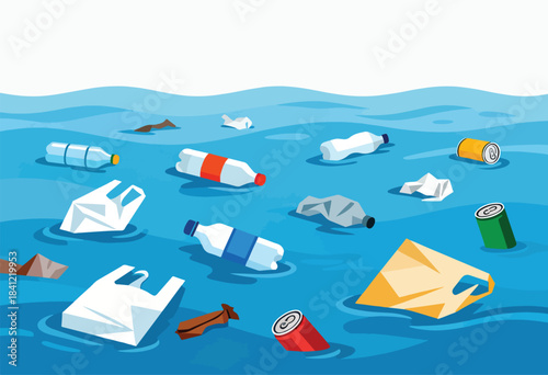 Illustration of trash floating in water, depicting pollution. Includes bottles, bags and cans, with white sky