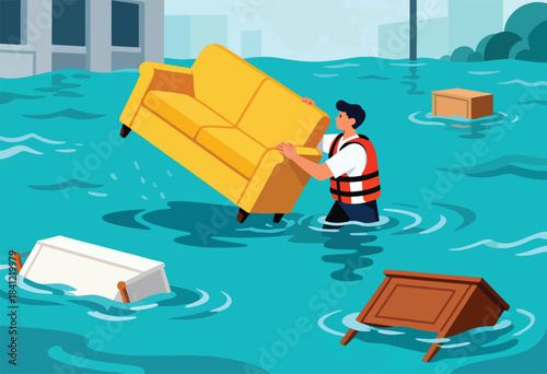 An illustration depicting a flood scene. A person in a life vest carries a yellow couch through the water. Various furniture floats