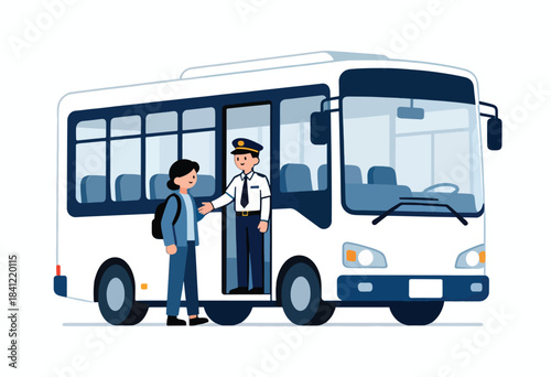 Illustration depicts a bus driver greeting a person boarding a bus, ready to travel, with a passenger and vehicle