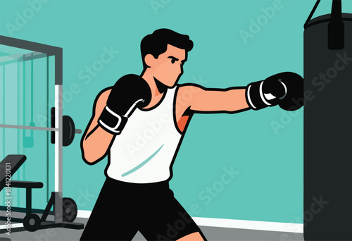A stylized illustration shows a boxer in the gym throwing a punch at a heavy bag with boxing gear
