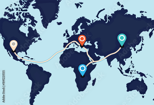 Illustration of a simplified world map with marked locations and a travel route indicated by a light colored line