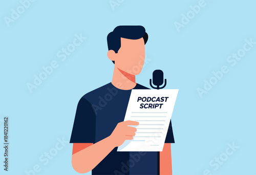 A faceless figure holds a paper with "Podcast Script" near a microphone.  Simple design on a light blue background