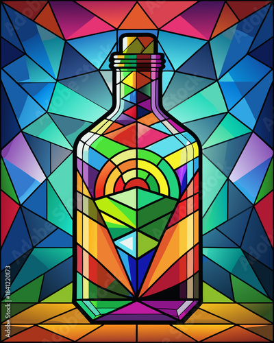 Bottle real, Stained Glass Style , rainbow color