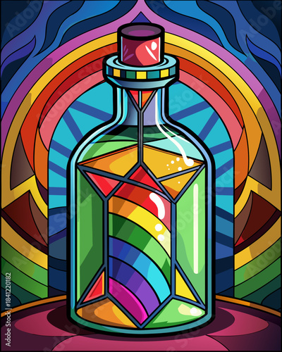 Bottle real, Stained Glass Style , rainbow color