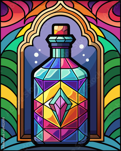 Bottle real, Stained Glass Style , rainbow color