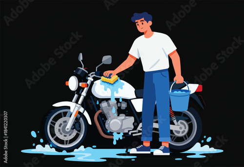 A person washes a white motorcycle with a sponge and water, holding a bucket on a black backdrop