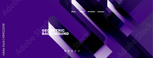 Abstract purple design features geometric shapes, gradients, navigation menu. Modern aesthetic suitable for website header or presentation.