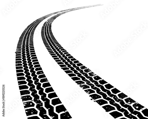 Curved tire tracks on white background