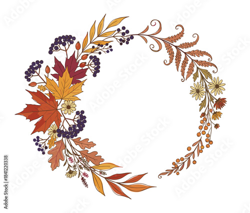 Autumn wreath with maple leaves and berries