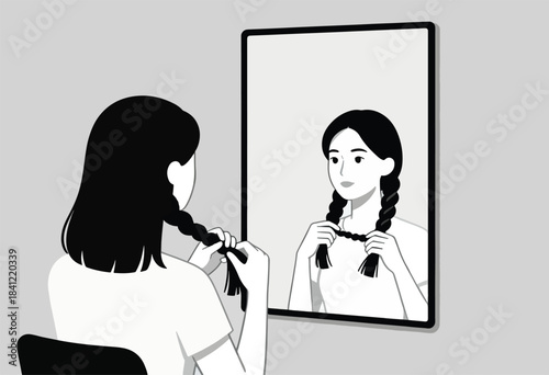 A person in front of a mirror plaiting their hair, with a view of themselves