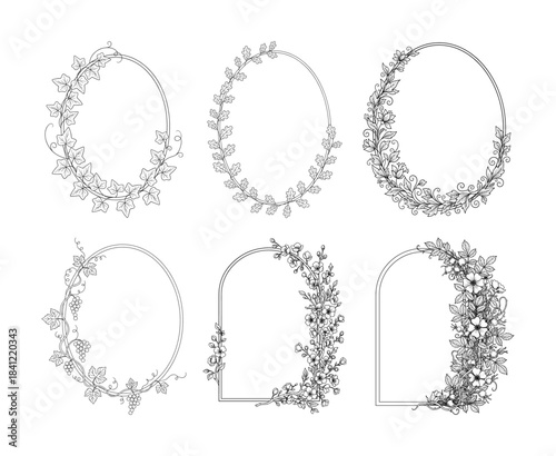 Set of floral line art frames