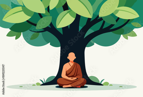 A serene image depicting a meditating figure beneath a large tree, flat design style