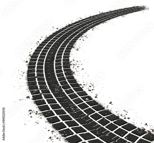 Curved tire tracks with dirt splatter on white