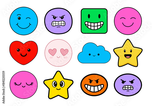 Set of cute kawaii emoticons and icons