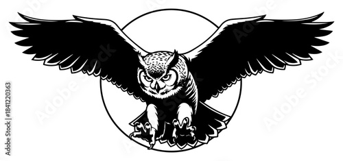Flying owl with spread wings and sharp talons in circle vector black and white illustration