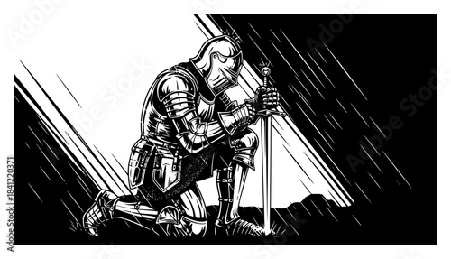 Medieval armored knight kneeling with sword in rain vector black and white fantasy warrior illustration