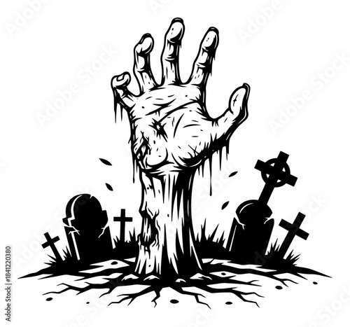 Zombie hand rising from the grave in cemetery with tombstones vector black and white halloween illustration