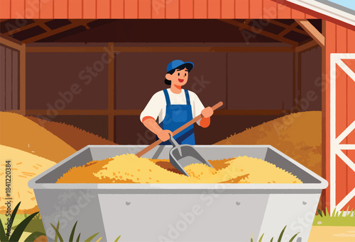A farmer shovels grain in a barn with a red roof, sunshine and hay. The barn's interior has a rustic appeal