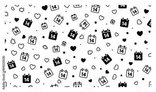 Seamless vector pattern with February 14 calendar icons and hearts monochrome background