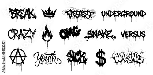 Set of black graffiti-style words and symbols