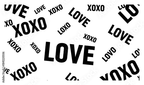 Seamless vector pattern with bold black typography text love and xoxo romantic background