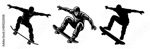 Set of black silhouettes of skateboarders in action