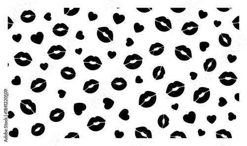 Seamless vector pattern with romantic black lips and hearts on white background