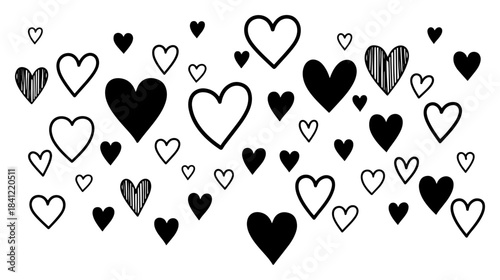 Seamless vector texture with scattered hand drawn doodle hearts in black and white style