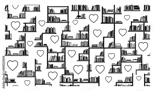Seamless pattern with library bookshelves and hearts black and white vector background for book lovers