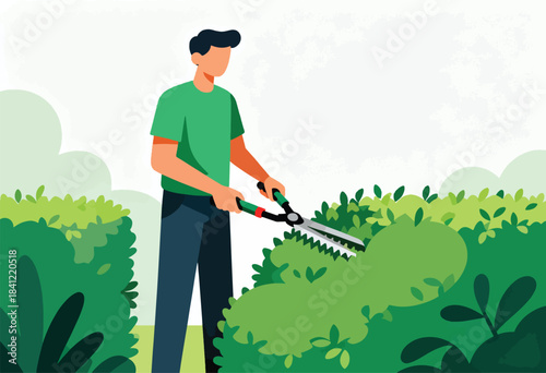 A person, in a green shirt and navy pants, trims a green bush with shears against a white background