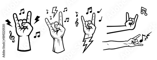 Set of rock-on hand gestures with musical elements