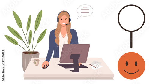 Customer service agent with headset working on computer, speech bubble, magnifying glass, and happy face. Ideal for customer support, feedback, assistance, satisfaction, communication teamwork