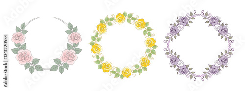 Set of floral wreaths featuring roses in pink, yellow, and purple