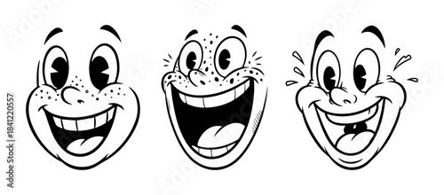 Set of cartoon faces showing an excited or laughing expression