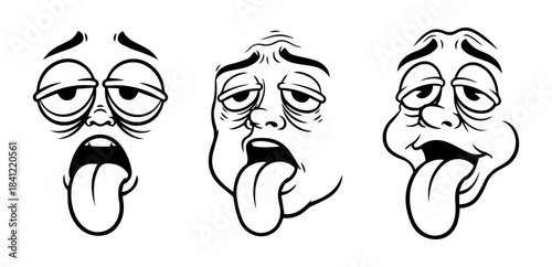  Set of cartoon faces showing a tired or bored expression with a tongue sticking out