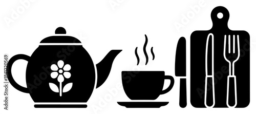 Black and white kitchen utensils set featuring teapot steaming tea cup and cutting board silhouette