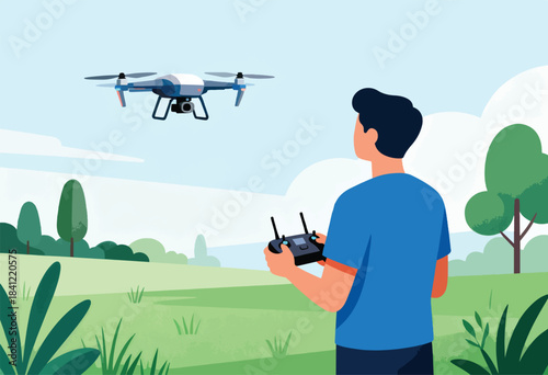 A person in a blue shirt pilots a drone over a green field, trees in the background under a blue sky