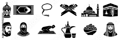 Collection of black islamic icons featuring mosque quran lantern and muslim characters vector illustration