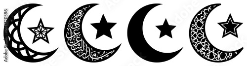 Set of Islamic crescent moon and star symbols with ornamental details for Ramadan decoration