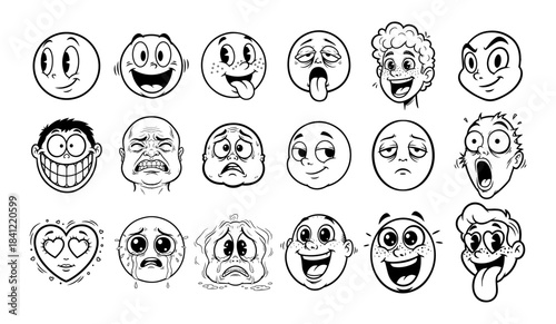 Set of cartoon faces displaying a wide range of emotions and expressions